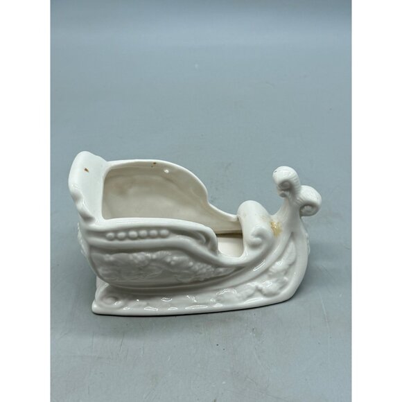 Vintage White Ceramic Sleigh Planter Candy cane Holder Used READ - Picture 4 of 6